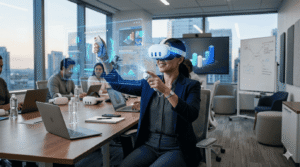 Split banner: surgeon in VR simulation on left, student in VR classroom on right, representing dual healthcare and education benefits of virtual reality