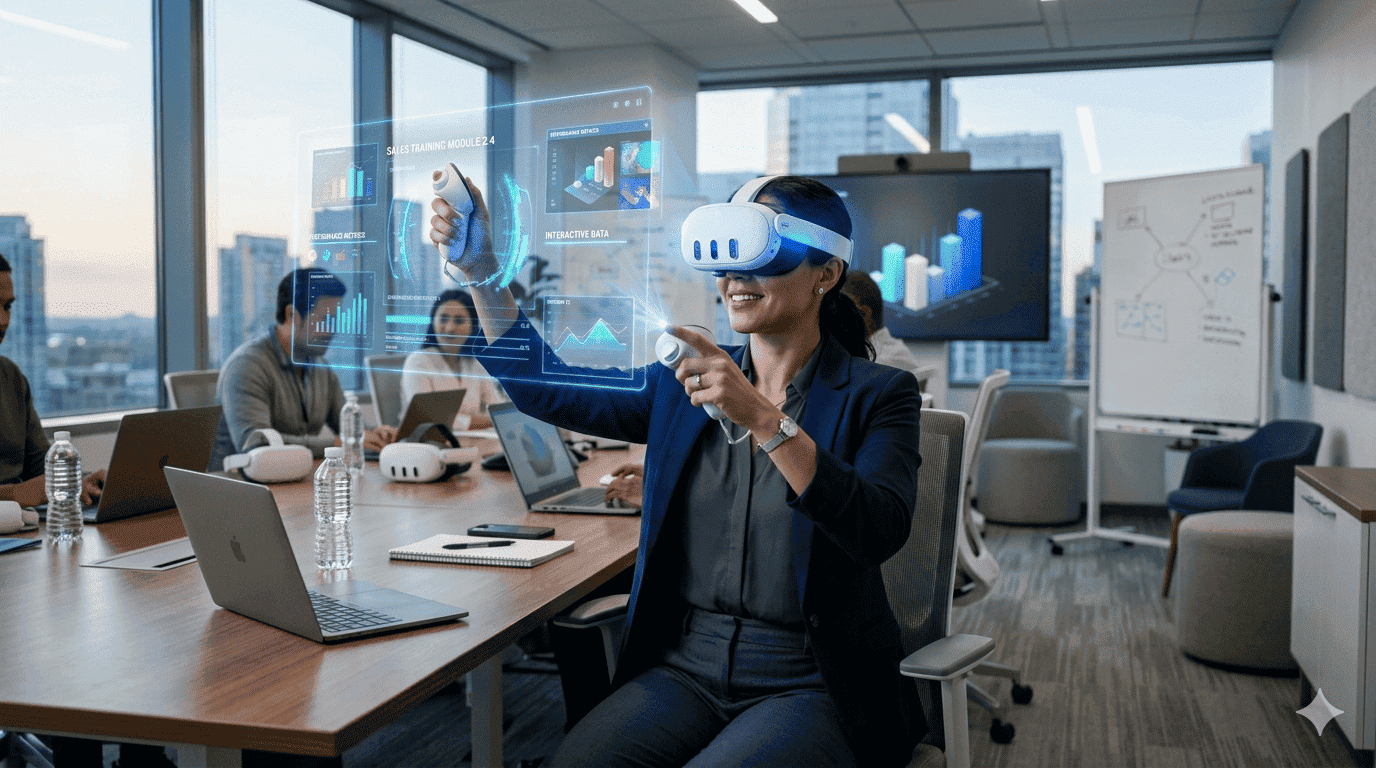 Split banner: surgeon in VR simulation on left, student in VR classroom on right, representing dual healthcare and education benefits of virtual reality