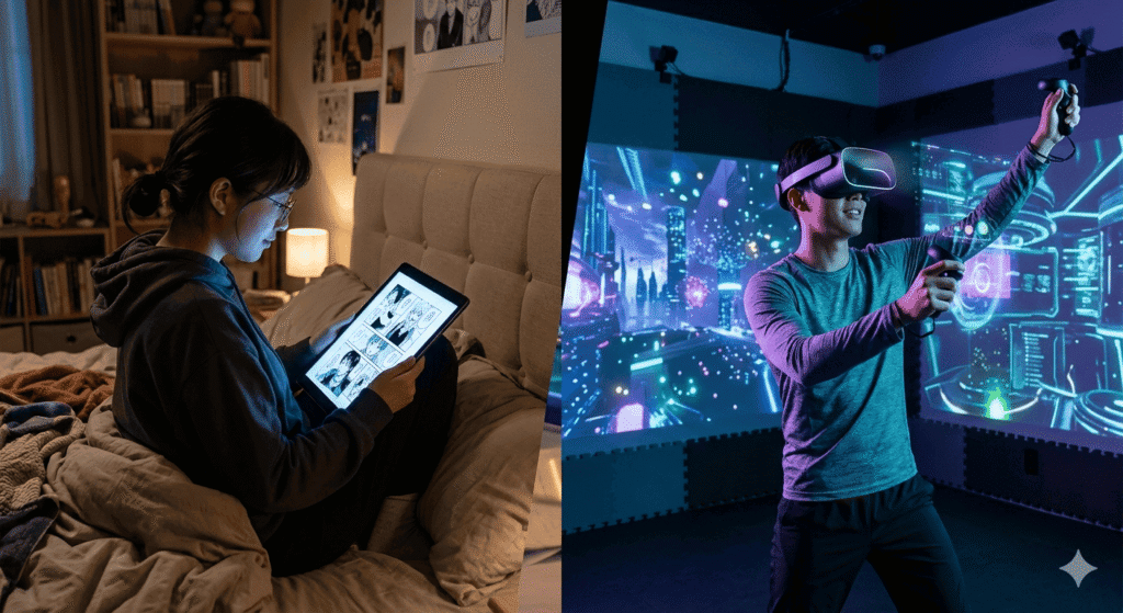 Split-screen contrast: a person reading manga on a glowing tablet on the left vs a person wearing a VR headset immersed in a digital environment on the right, representing the evolution of digital entertainment