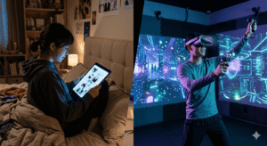 Split-screen contrast: a person reading manga on a glowing tablet on the left vs a person wearing a VR headset immersed in a digital environment on the right, representing the evolution of digital entertainment