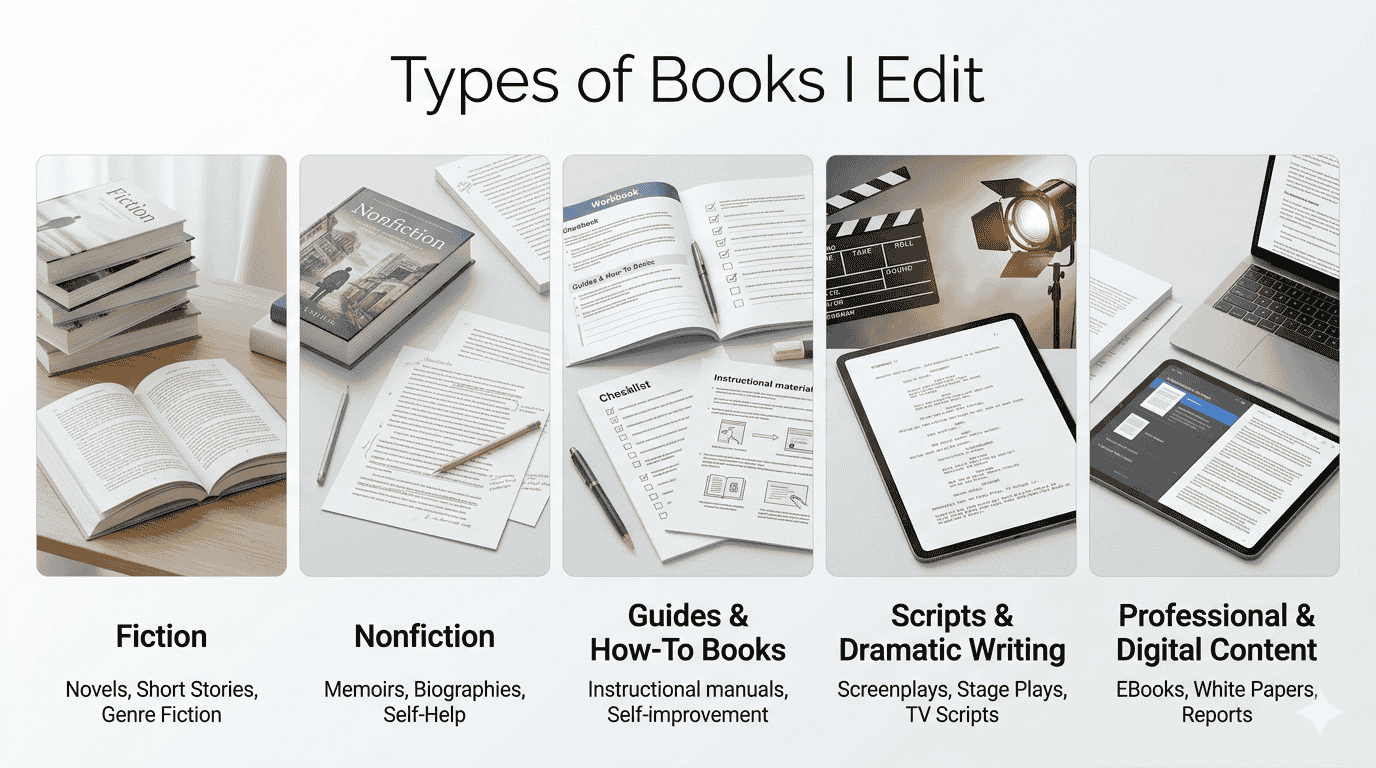 A realistic infographic displaying five book editing categories: fiction books, nonfiction works, instructional guides, scripts and screenplays, and professional digital content, each represented with book and writing visuals.