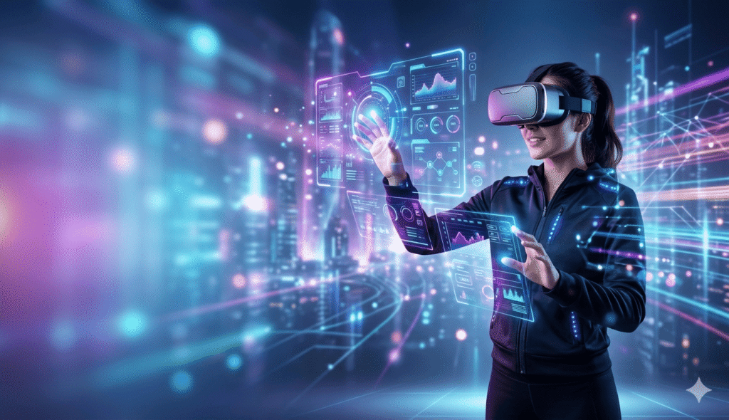 A person wearing a modern VR headset interacting with glowing, holographic digital interfaces and data charts. The scene is set in a futuristic, immersive environment with a vibrant neon blue and purple color palette. The person is positioned to the right, leaving open space on the left for text.