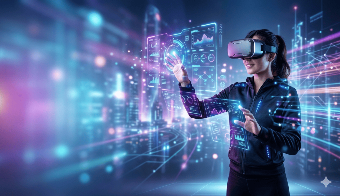 A person wearing a modern VR headset interacting with glowing, holographic digital interfaces and data charts. The scene is set in a futuristic, immersive environment with a vibrant neon blue and purple color palette. The person is positioned to the right, leaving open space on the left for text.