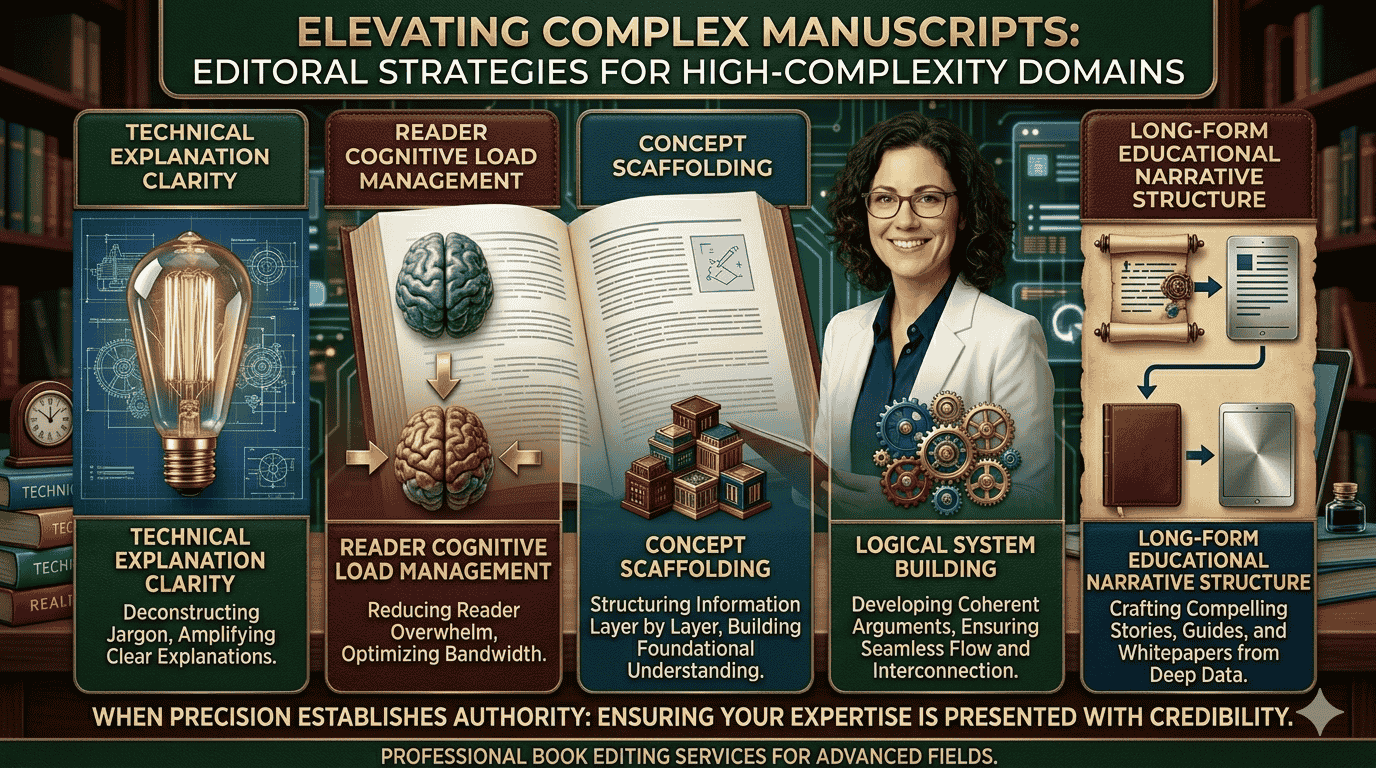 Professional strategy framework infographic for editing complex manuscripts, featuring five key pillars of technical writing and editorial clarity in a sophisticated library setting.
