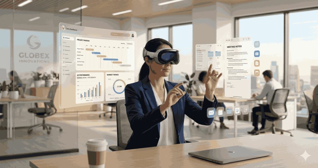 A person wearing the Apple Vision Pro headset interacting with floating 3D interfaces in a professional enterprise environment representing spatial computing in 2026