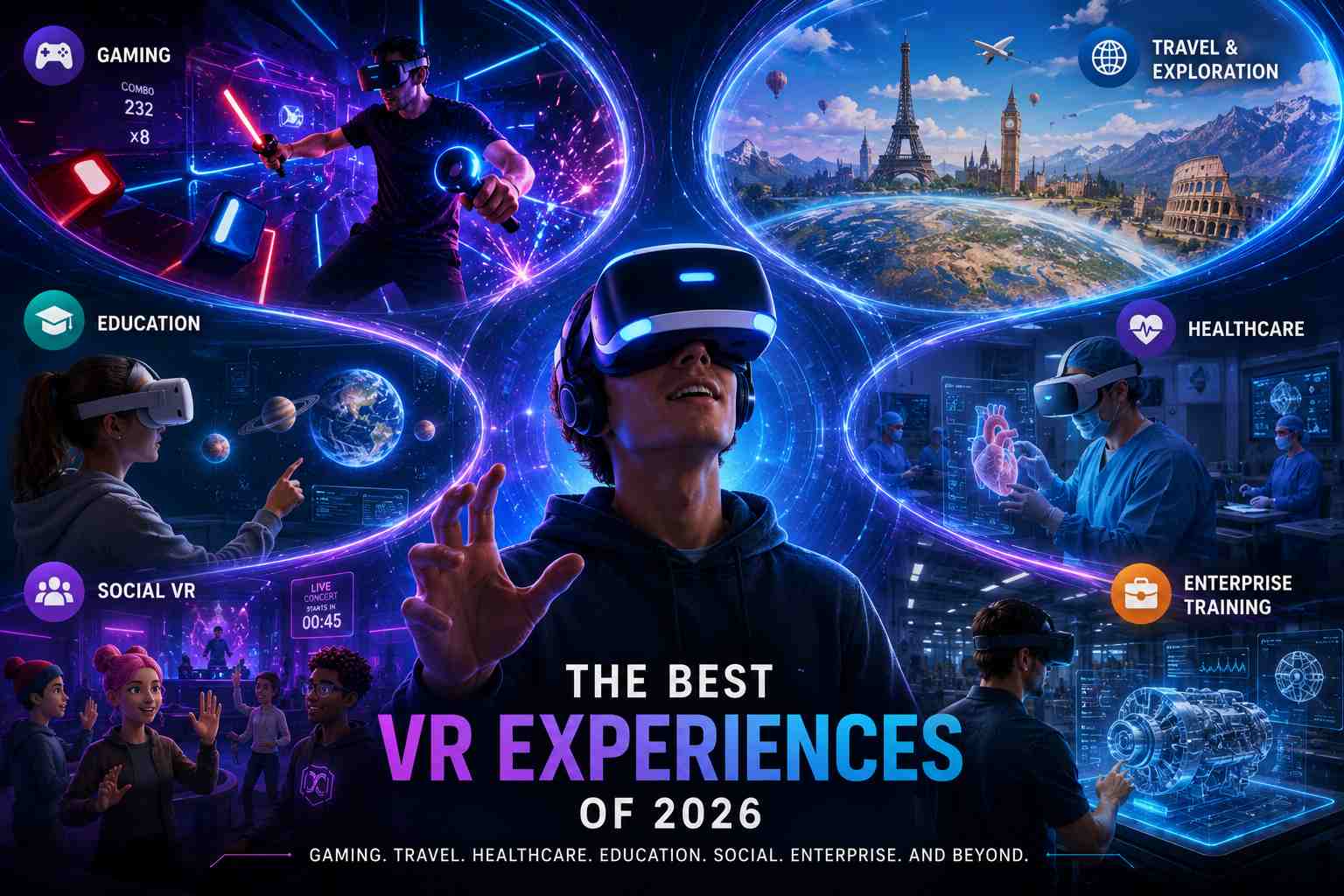 Best VR experiences in 2026 featuring gaming, travel, healthcare, education, social VR, and enterprise training in immersive virtual environments