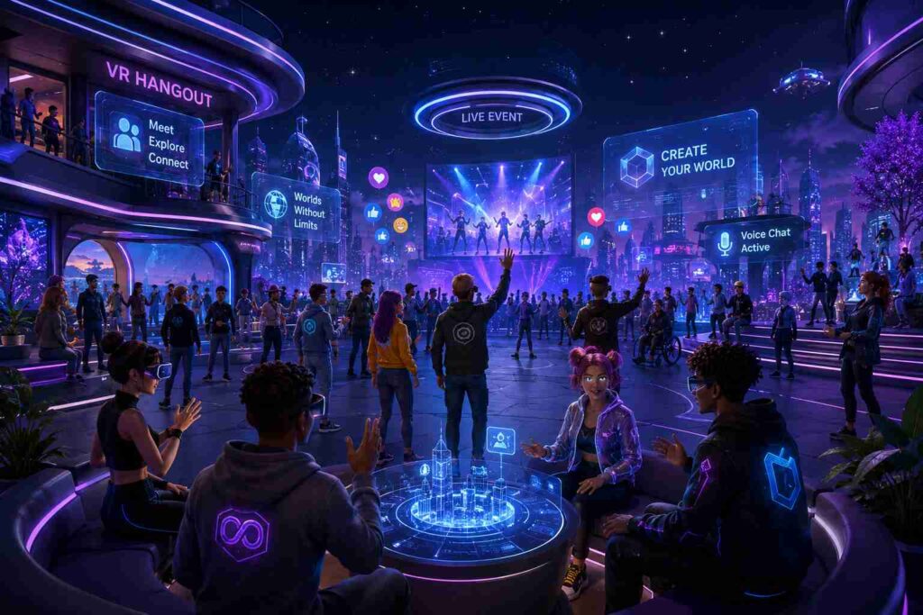 People interacting inside a social virtual reality platform through avatars in a shared immersive environment