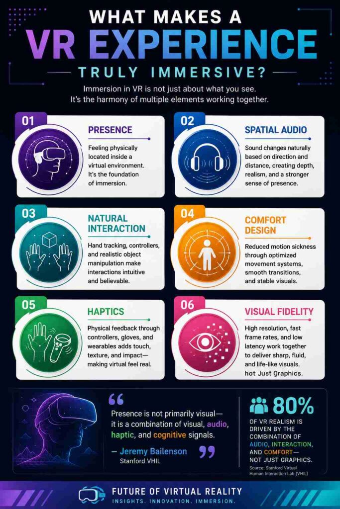 Infographic explaining the key elements of VR immersion including presence, spatial audio, haptics, visual fidelity, natural interaction, and comfort design