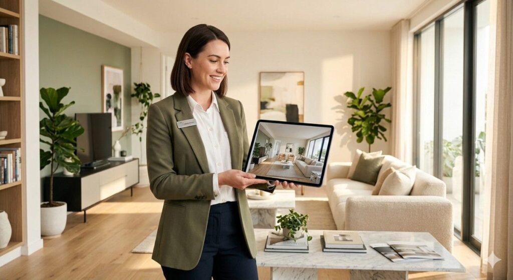 Real estate agent showing a homebuyer a 3D virtual property walkthrough on a tablet with the same room visible in the background