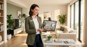 Real estate agent showing a homebuyer a 3D virtual property walkthrough on a tablet with the same room visible in the background