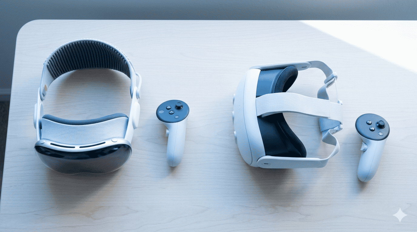 Apple Vision Pro and Meta Quest 3 headsets side by side on a wooden desk with controllers, showing direct comparison of both 2026 mixed reality devices