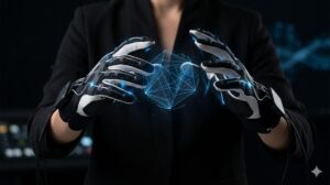 Close-up of an industrial designer wearing modern haptic feedback gloves while interacting with a virtual 3D object through a VR headset