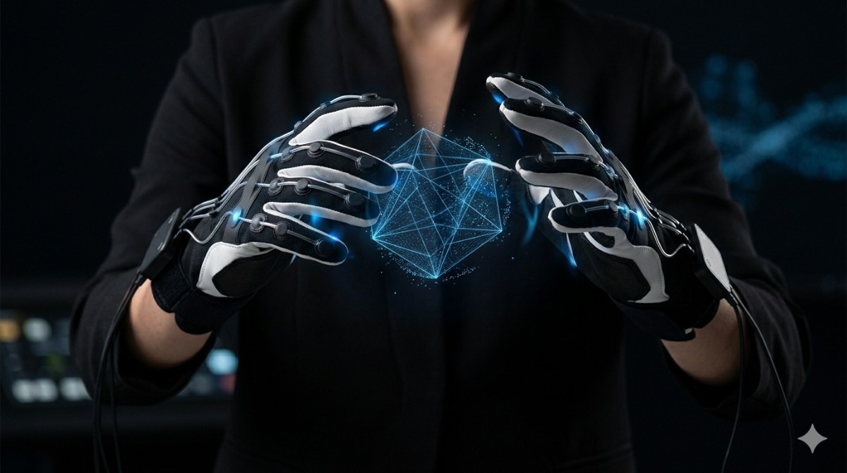 Close-up of an industrial designer wearing modern haptic feedback gloves while interacting with a virtual 3D object through a VR headset