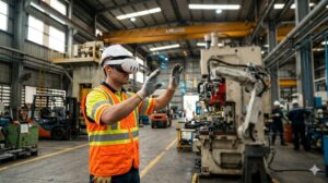 Manufacturing worker in safety gear using a Meta Quest 3 headset for a factory floor VR training simulation in an industrial facility