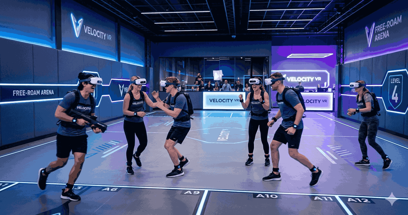 Group of people in a free-roam VR arcade wearing full-body tracking suits and VR headsets playing a multiplayer game in a large open space