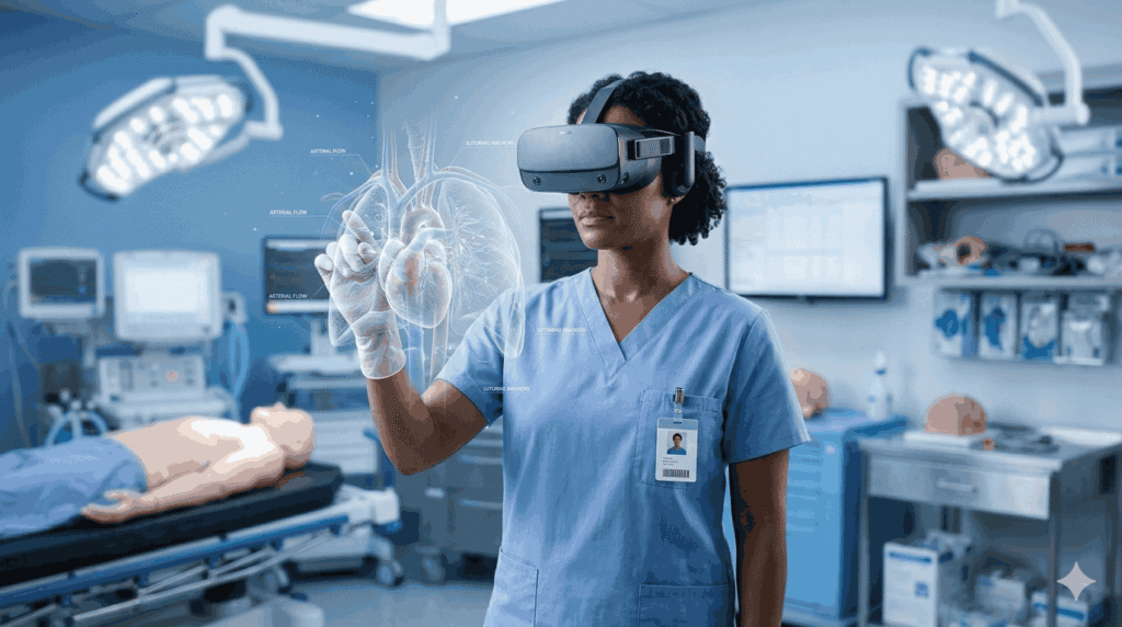 Professional using VR headset for medical training with holographic anatomy overlay
