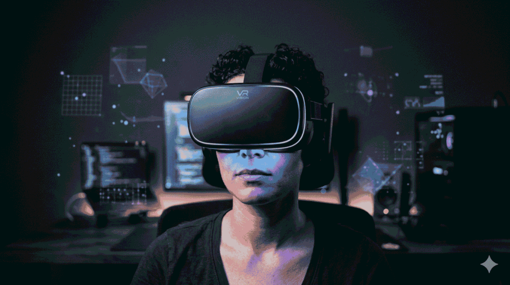 A person wearing a sleek black VR headset with blue LED accents, immersed in a glowing virtual environment in a darkened room with floating holographic shapes in the background.