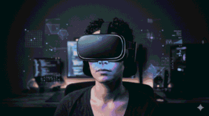 A person wearing a sleek black VR headset with blue LED accents, immersed in a glowing virtual environment in a darkened room with floating holographic shapes in the background.