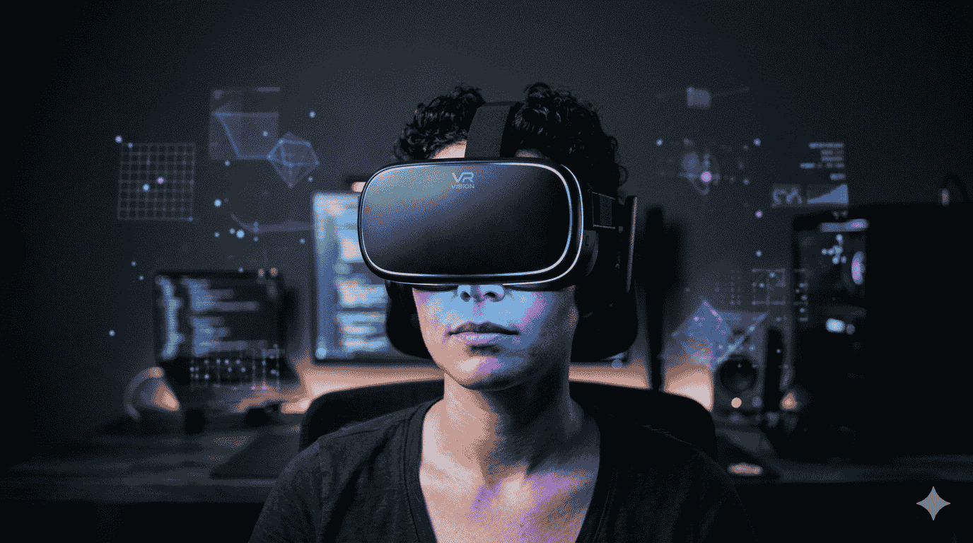 A person wearing a sleek black VR headset with blue LED accents, immersed in a glowing virtual environment in a darkened room with floating holographic shapes in the background.
