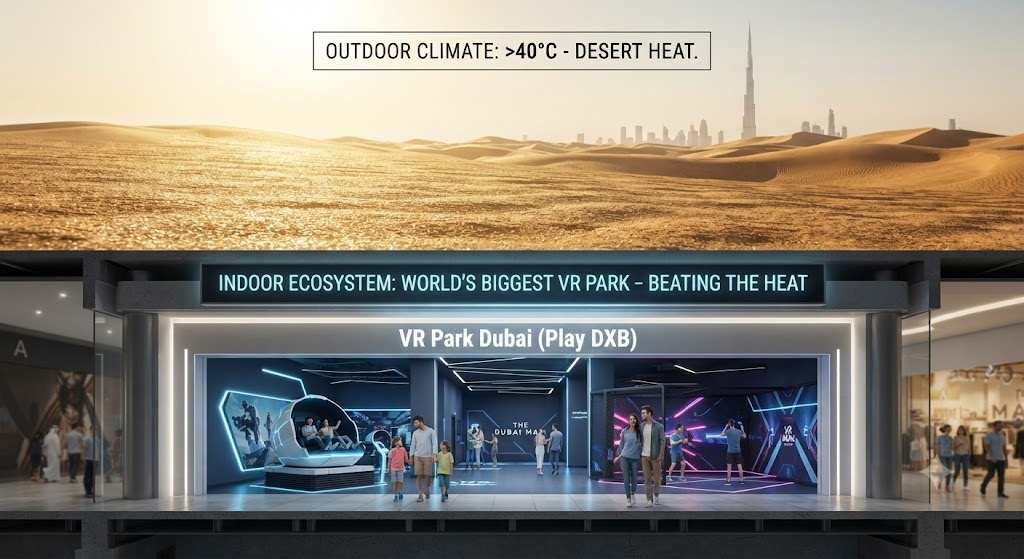 Conceptual split view comparing Dubai's outdoor desert heat with the indoor VR Park inside the Dubai Mall
