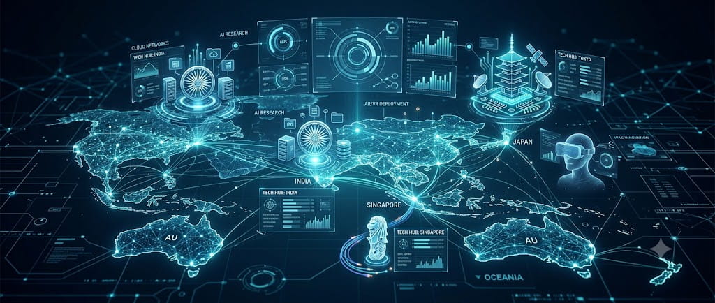 Digital map of Asia-Pacific region with holographic spatial computing interface elements highlighting Japan, India, and Singapore