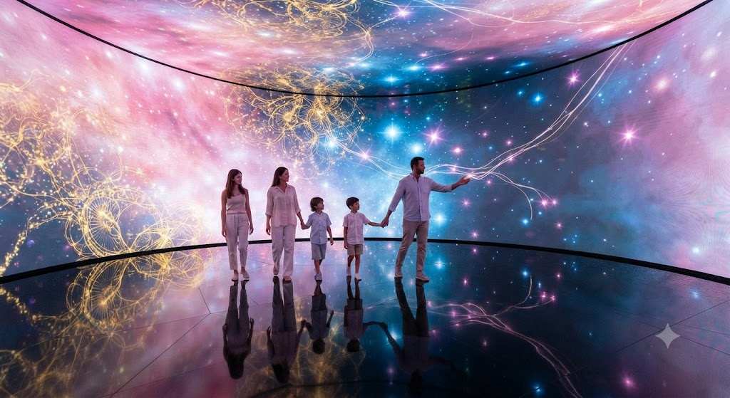 Family immersed in light and sound installation at Aya Universe Dubai.