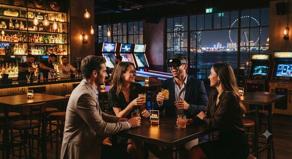 Adults enjoying VR, drinks, and nightlife at Brass Monkey Bluewaters Dubai.