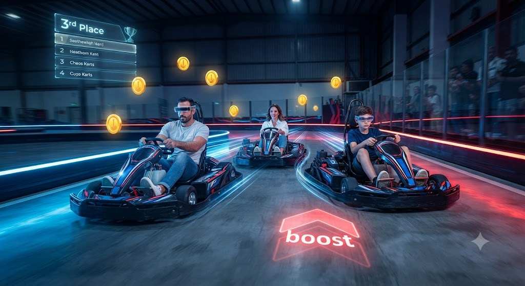 Family racing with AR helmets at Chaos Karts Dubai in Al Quoz.