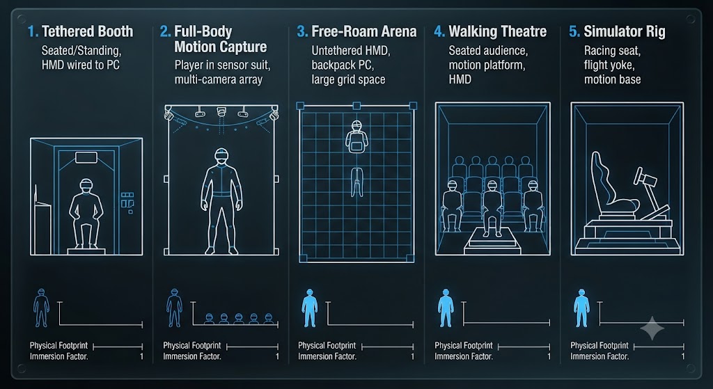 A clean, illuminated architectural blueprint detailing the technical setup of five VR formats (Tethered, Mo-Cap, Free-Roam, Theatre, Simulator) on a dark background.