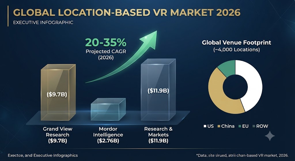 A pristine executive infographic dashboard visualizing 2026 market size estimates from major research firms (Grand View, Mordor, Research & Markets) with a clear CAGR growth arrow.