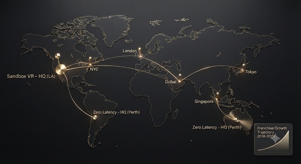 A minimalist global business map rendered in matte black and glowing brass, showing expansion hubs and routes originating from Sandbox VR (LA) and Zero Latency (Perth) to major world cities.