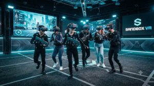 Group of friends in motion capture gear and haptic vests playing Sandbox VR London