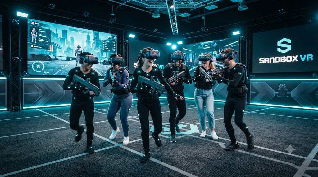 Group of friends in motion capture gear and haptic vests playing Sandbox VR London