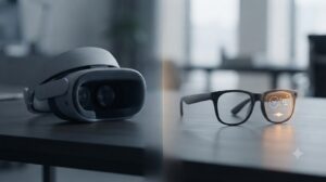 Metaverse status in 2026 shown through a VR headset and AI smart glasses
