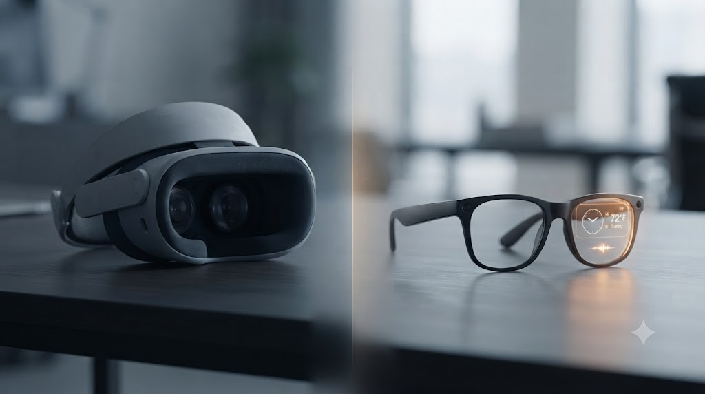 Metaverse status in 2026 shown through a VR headset and AI smart glasses