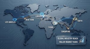 A stylized world map with glowing VR headset icons marking major cities like Dubai, London, and New York.