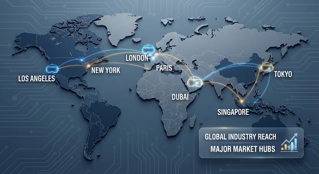 A stylized world map with glowing VR headset icons marking major cities like Dubai, London, and New York.