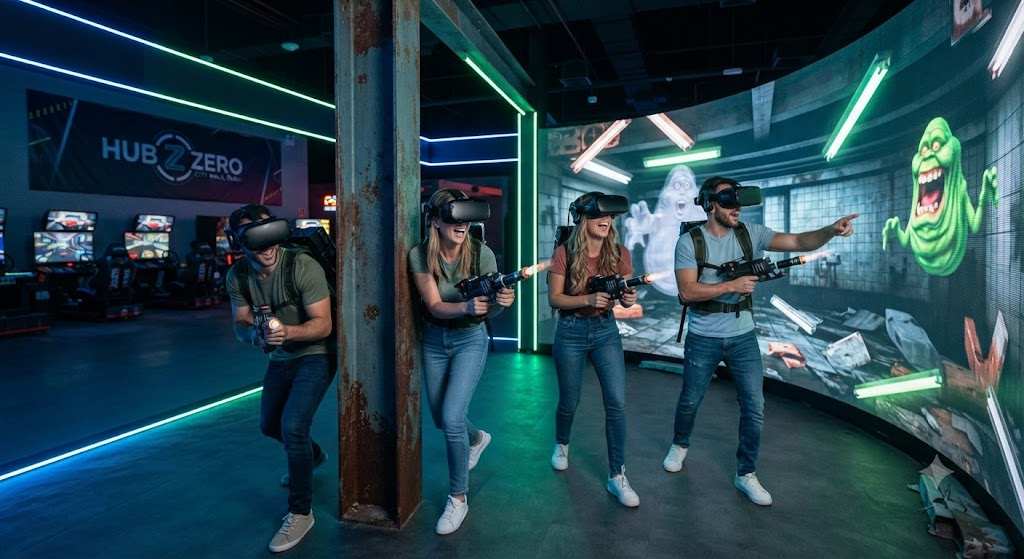 Group playing Ghostbusters VR at Hub Zero Dubai in City Walk.