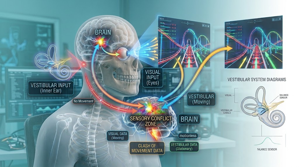 Scientific illustration showing conflicting signals between visual perception and the vestibular system during virtual reality use