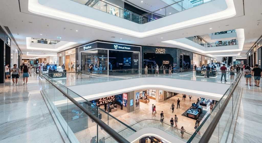 Modern air-conditioned shopping mall exterior and walkway housing popular VR venues in Singapore.
