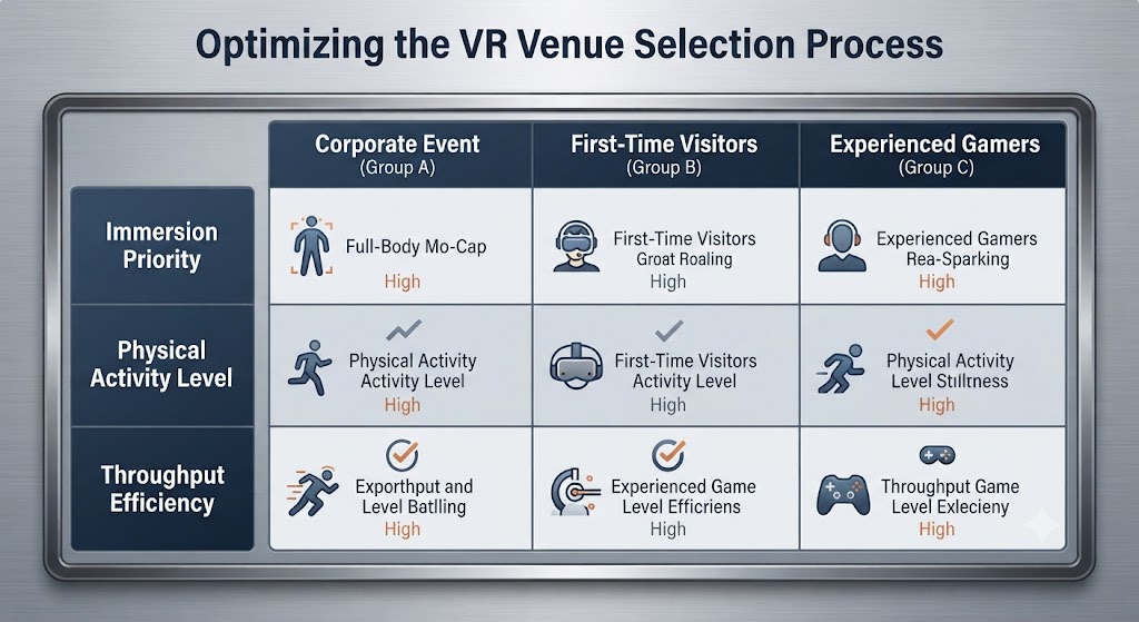 A high-end, analytical decision matrix infographic on a metallic silver background, matching user profiles (Corporate, First-Timer, Gamer) to VR formats based on criteria like Immersion and Activity.