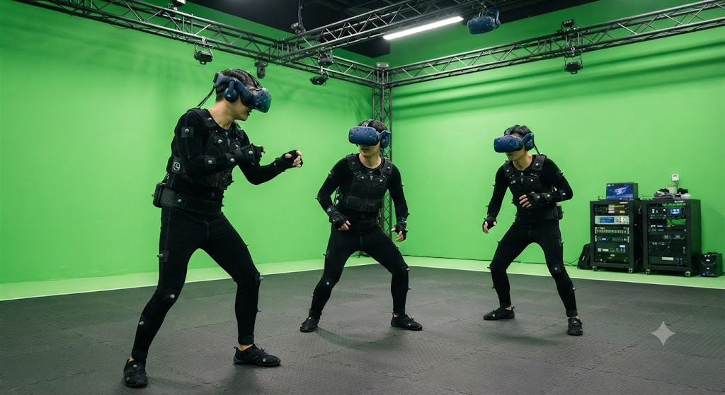 Players wearing full-body motion capture suits and haptic vests inside a Singapore VR arcade.