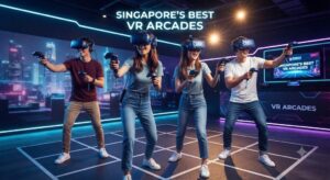 High-tech virtual reality gaming experience at a modern arcade in Singapore.