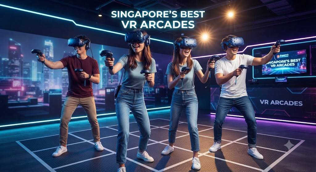 High-tech virtual reality gaming experience at a modern arcade in Singapore.