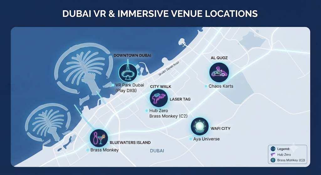 map of VR arcades and experiences across Dubai by area