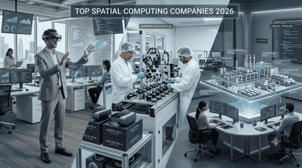 Collage representing leading spatial computing companies including headset hardware, enterprise software, and digital twin platforms