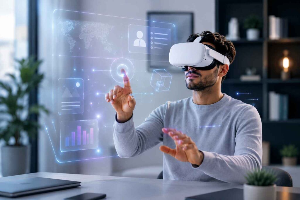 person using a VR headset and interacting with virtual interfaces powered by AI and spatial computing