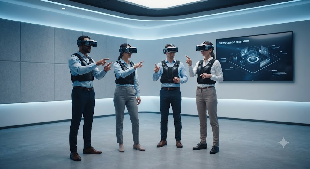 Four diverse professionals in a pristine, futuristic VR arena wearing sleek wireless headsets and haptic vests, collaborating in a free-roam environment.