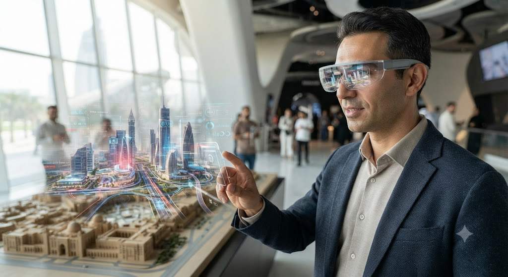 Dubai Museum of the Future visitor using AR smart glasses to view city model