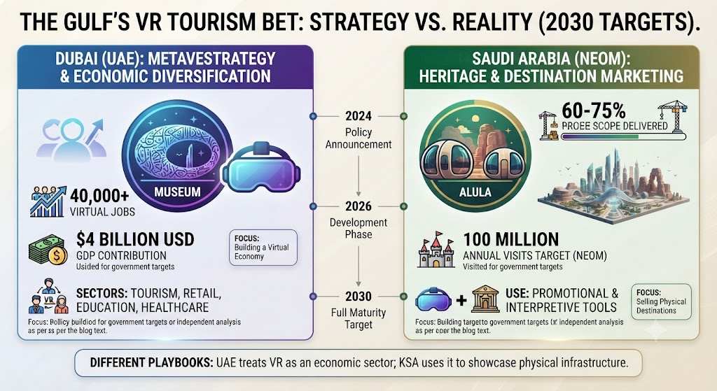 Dubai metaverse strategy 2030 targets vs Saudi giga-projects reality infographic